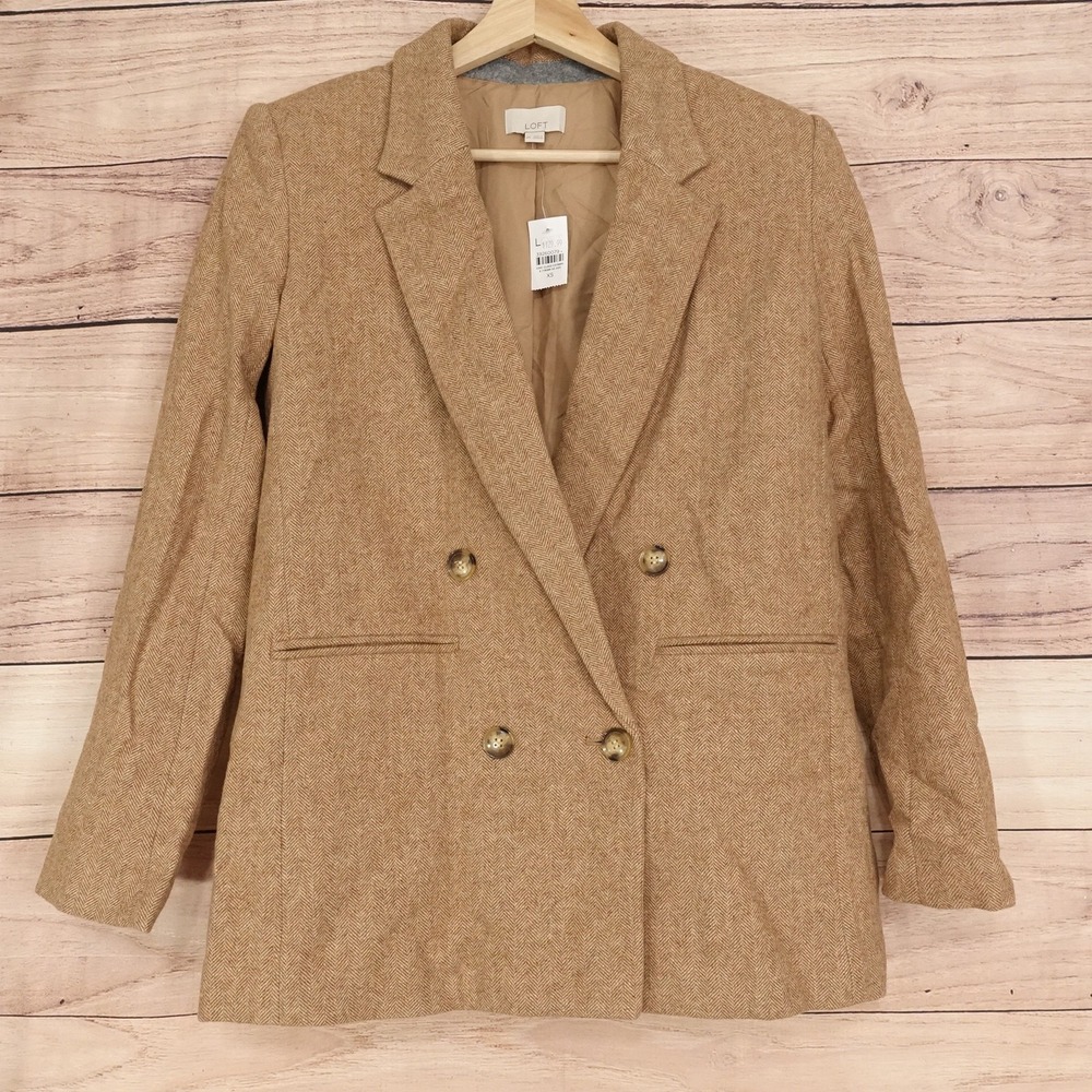 New! LOFT Blazer Womens XS Brown Herringbone Wool Blend Double Breasted Lined